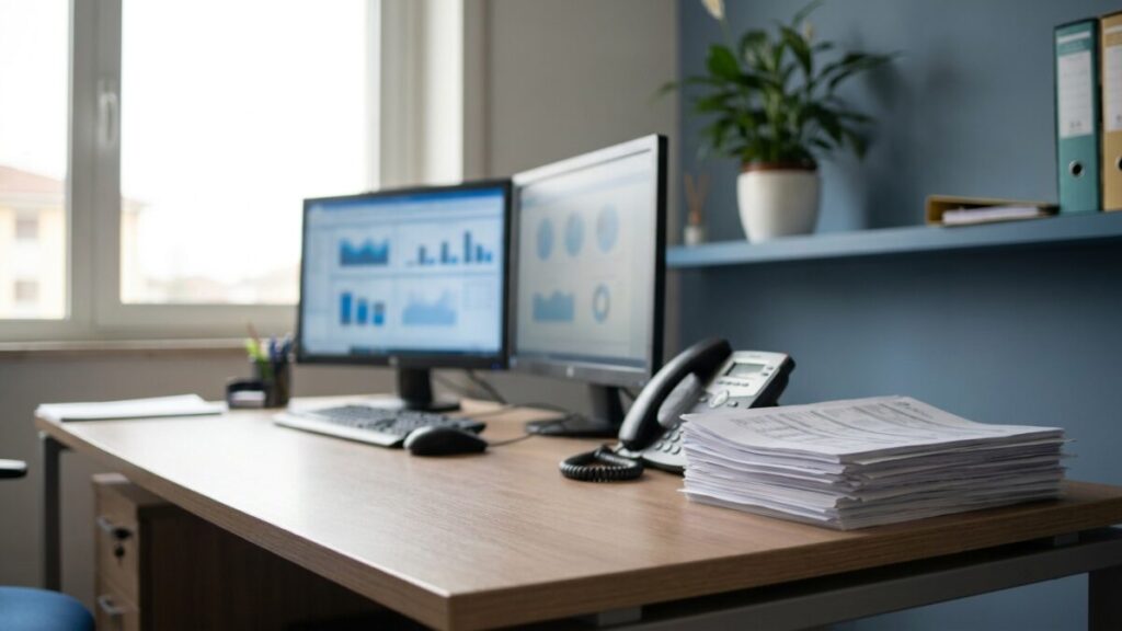 Scrivania di back-office con fatture cartacee e monitor: il lavoro di re-immissione ordini che VENDOO elimina
