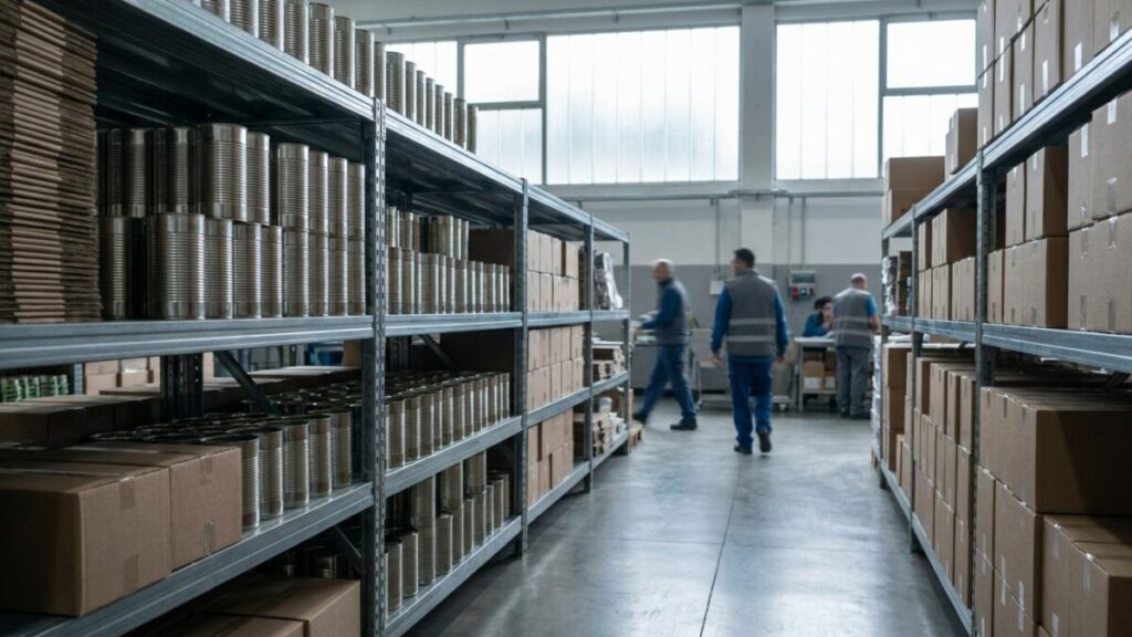 Magazzino di un'azienda Food & Beverage con scaffalature di conserve pronte per la spedizione