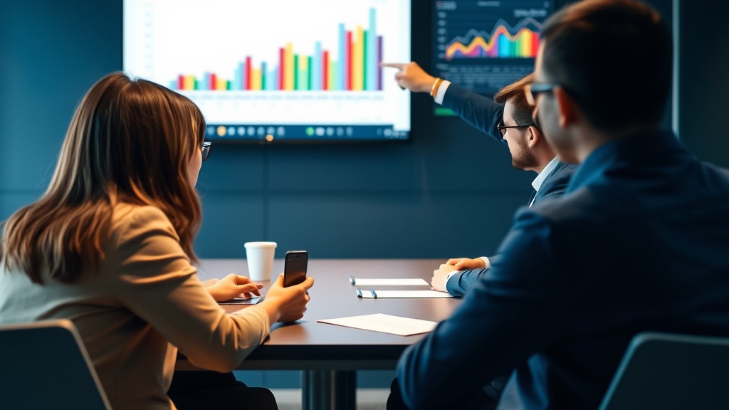 Riunione aziendale davanti a un monitor con grafici di analisi