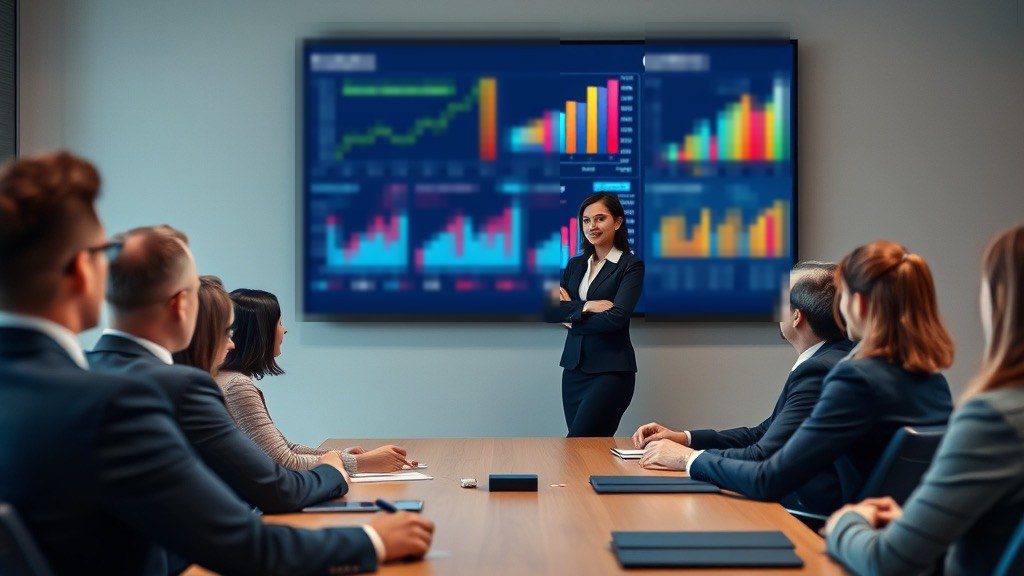 Manager presenta dashboard di business intelligence in boardroom
